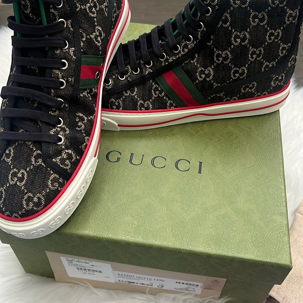 🆕💯% Auth Gucci Mens BLACK JACQUARD DENIM TENNIS 1977 HIGH-TOP SNEAKERS
